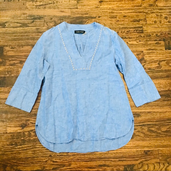 Ivanka Trump Linen Blue Chambray Preppy Work Classy V-Neck Boho Beaded Blouse - Picture 3 of 7